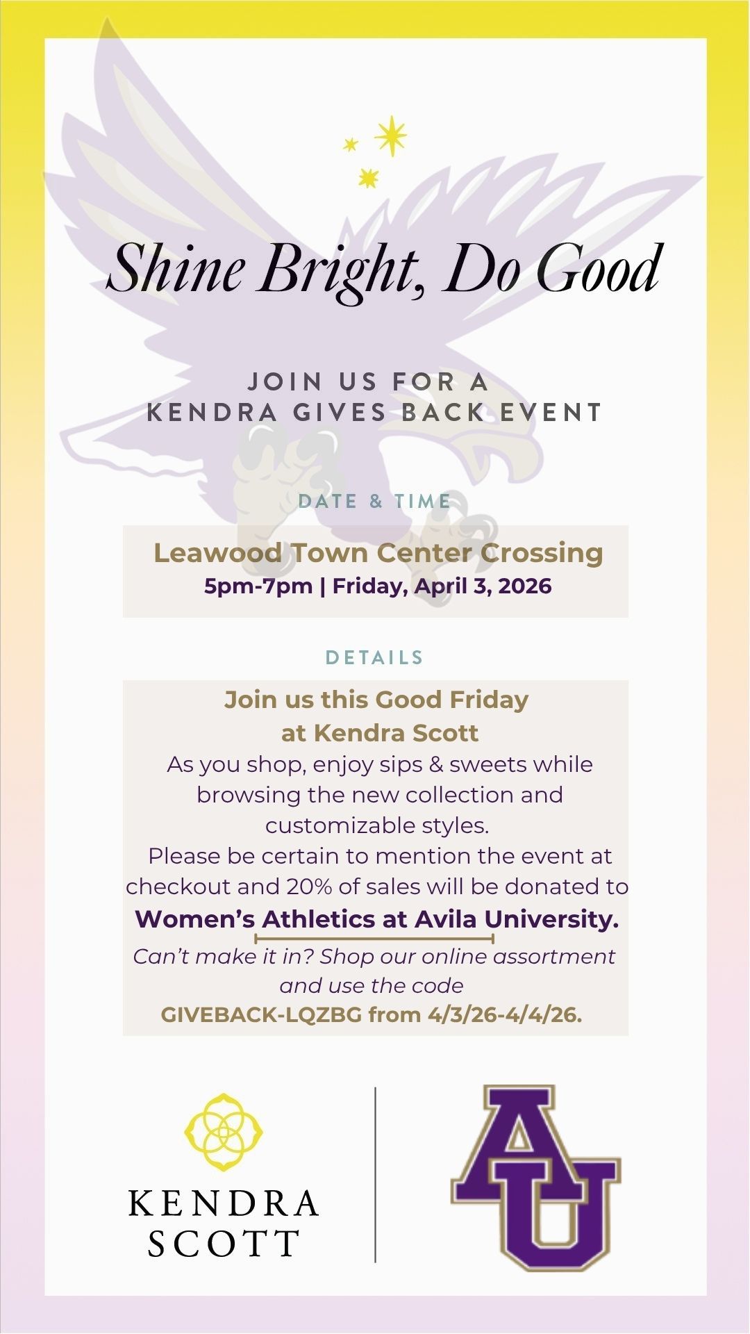 AVILA ATHLETICS AND KENDRA SCOTT HOSTING GIVE-BACK EVENT ON FRIDAY